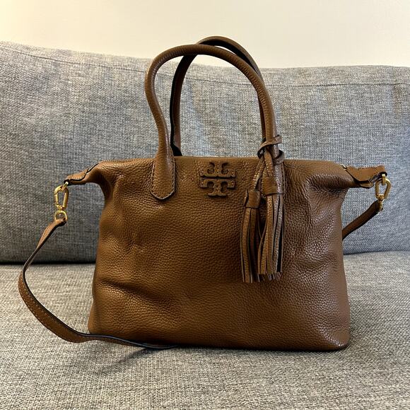 Tory Burch McGraw Slouchy Leather Satchel Moose Brown Tassel Bag Top Handle EUC - Picture 16 of 16